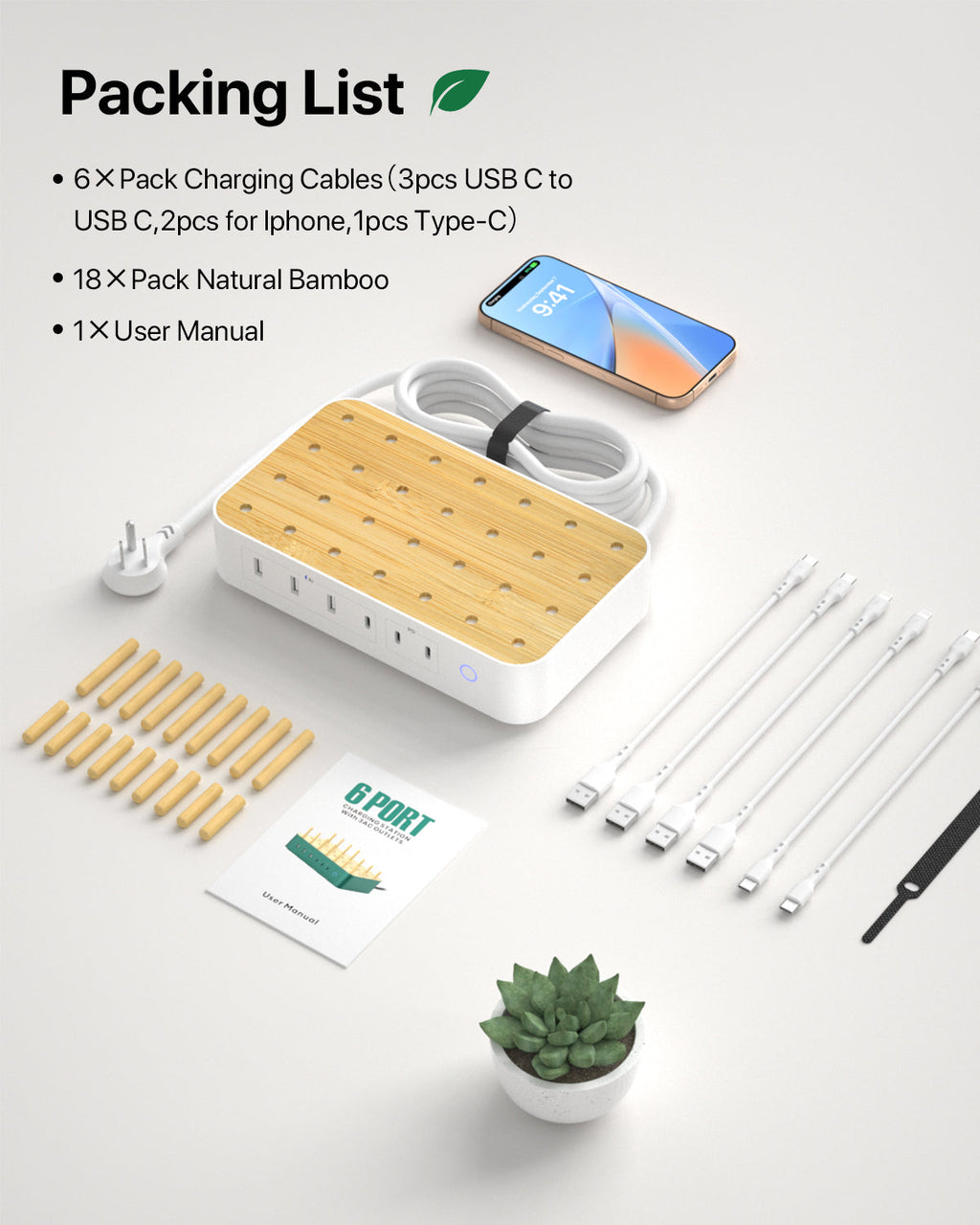 SooPii U3 charging station with 60W, 6 ports, 2 PD, 3 US outlets, and six mixed charging cables on a white surface.