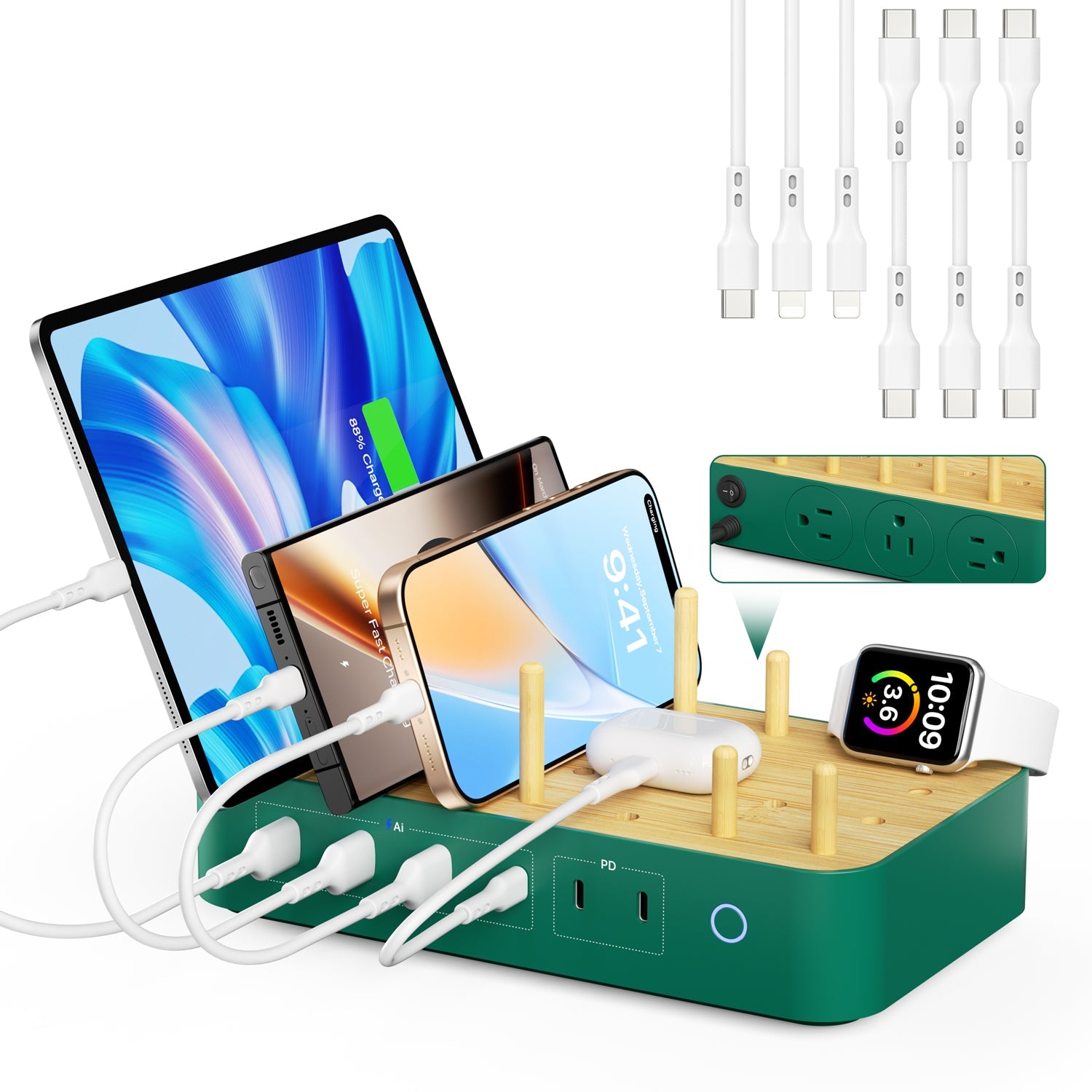 SooPii U3 charging station with 6 ports, 2 PD ports, 3 US AC outlets, and included mixed cables on a white background.