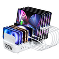 SooPii CS101 charging station with 10 ports and 100W power, featuring 10 mixed charging cables for multiple devices.