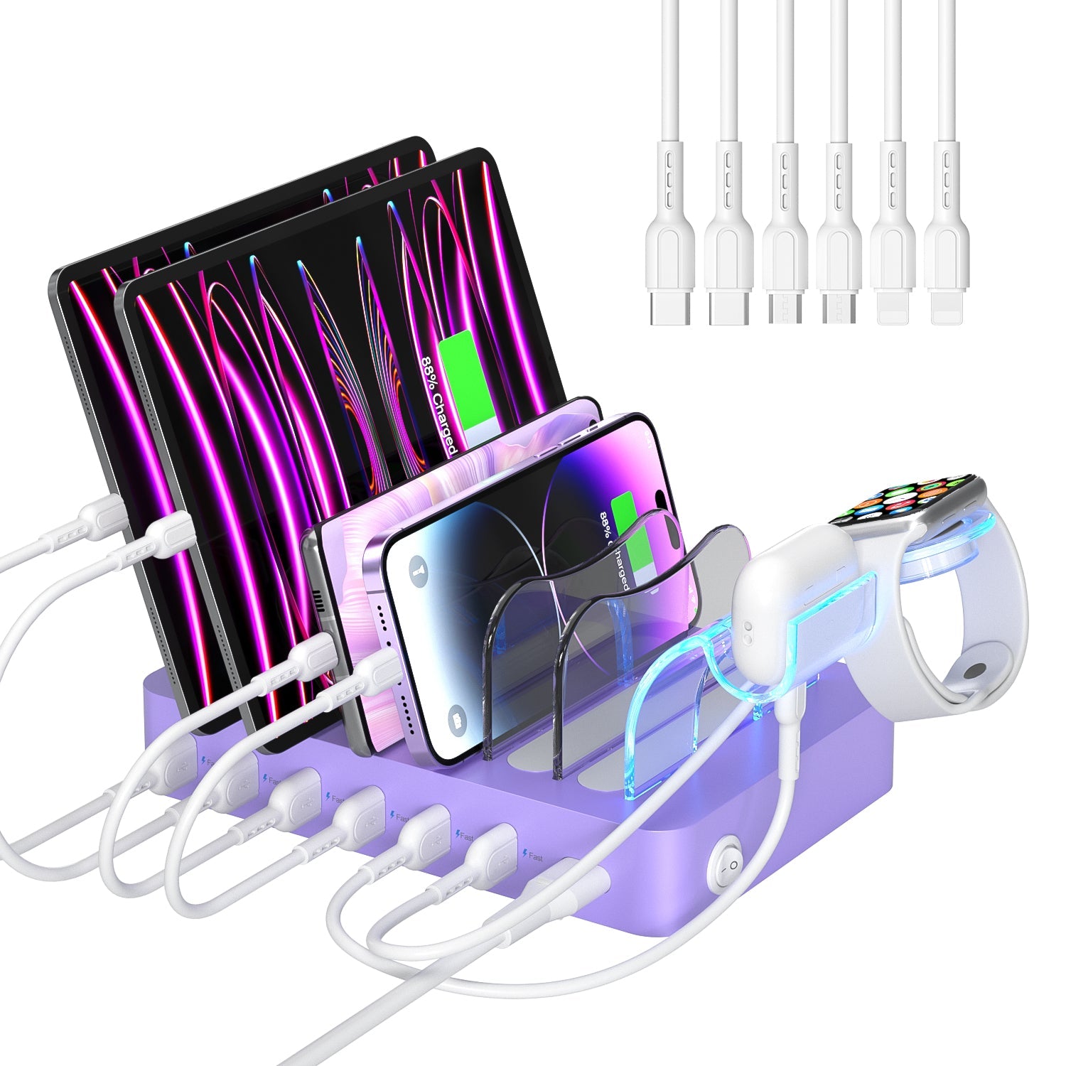 SooPii CS61 50W charging station with 6 ports and mixed cables, compact black power hub for multiple device charging
