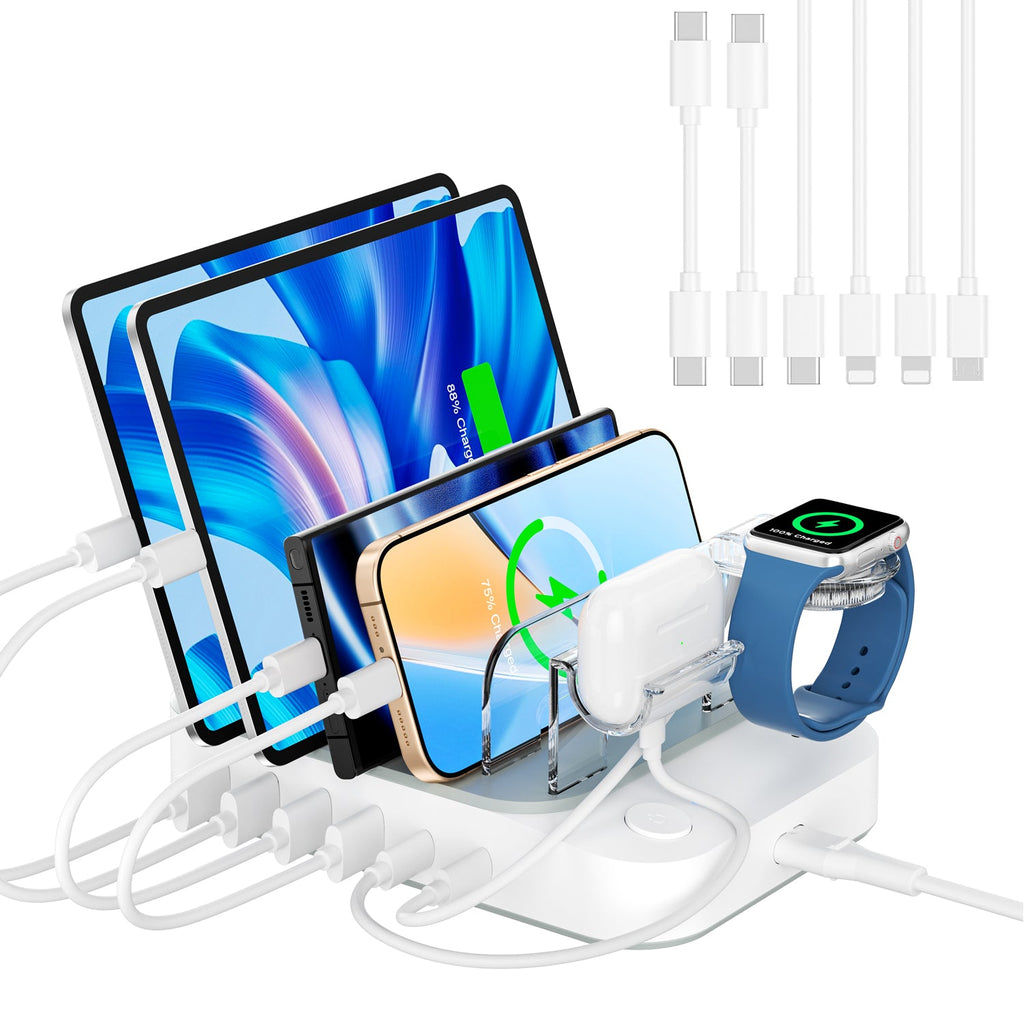 SooPii CS65 charging station with 6 ports, 60W power, 2 PD ports, and six mixed cables for multiple device charging.