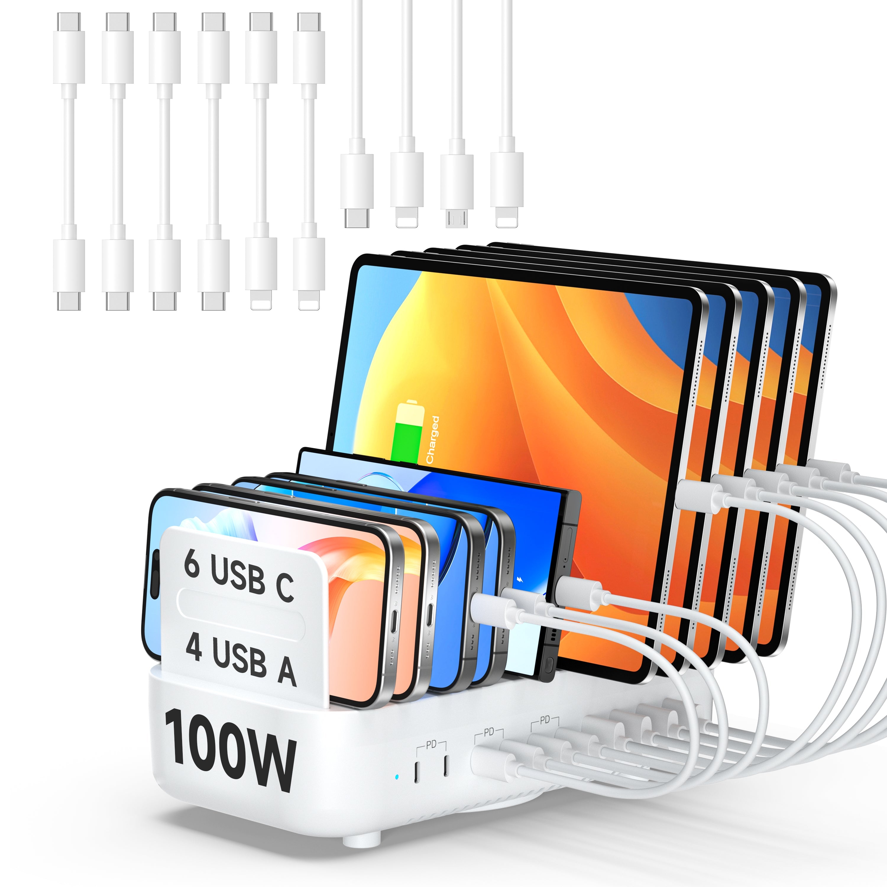 SooPii CS102 charging station with 10 ports, 100W power, 3PD, and 10 mixed cables for versatile device charging.