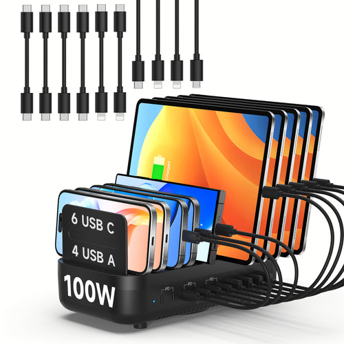 CS102 Charging Station(100W,10 Ports,3PD) with 10 mixed cables — Scene and lifestyle