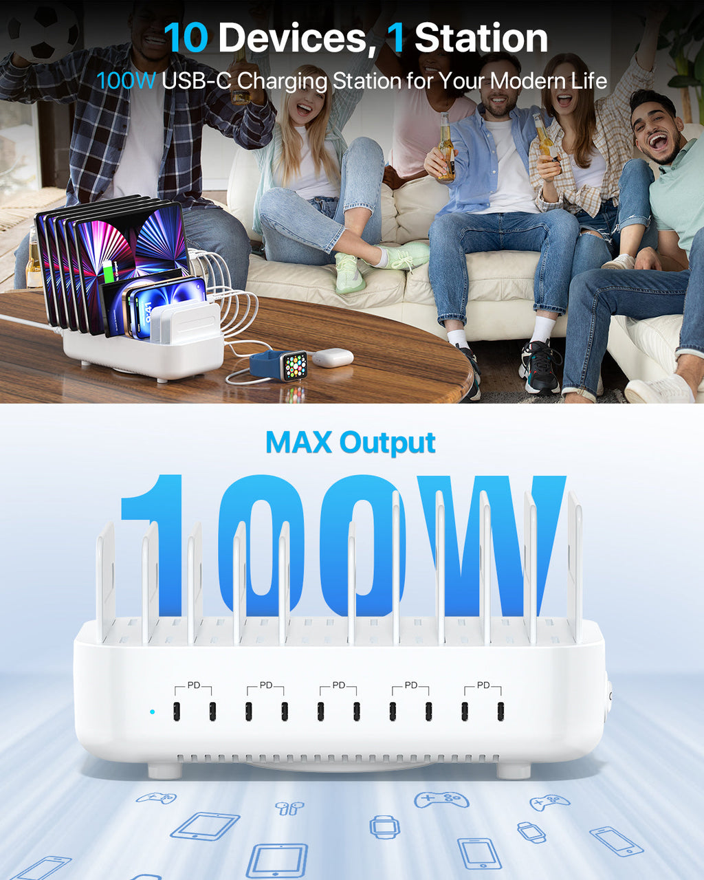 SooPii CS101 charging station with 10 ports, 100W power, 5 PD ports, and 10 mixed charging cables for multiple devices.