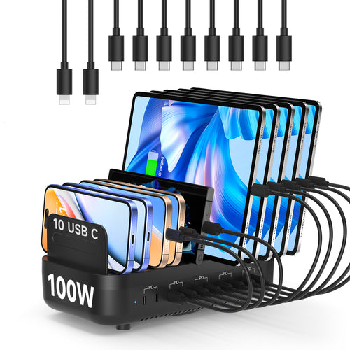 CS101 10-Port USB-C Charging Station (100W, 10 PD Ports) with 10 USB-C Cables — Scene and lifestyle