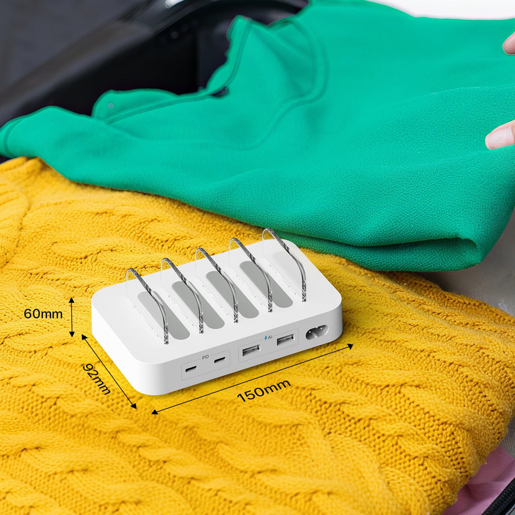 SooPii CS45 mini charging station with 35W power, 4 ports, and four mixed cables for multiple device charging.