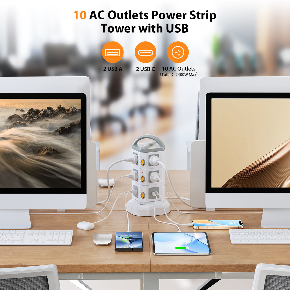 SooPii USB-C Power Strip Tower, 10 Outlets + 4 USB,TPS10