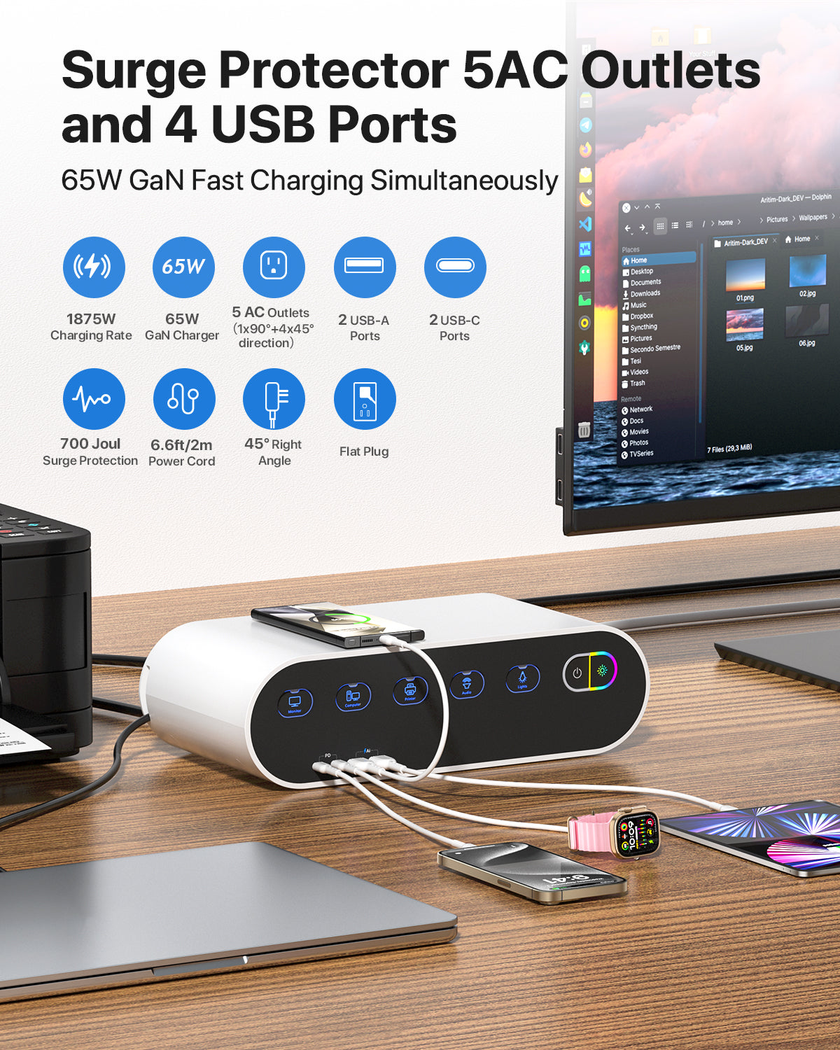 Power Strip with Cable Management Box, 65W GaN & 4 USB Ports — Scene and lifestyle