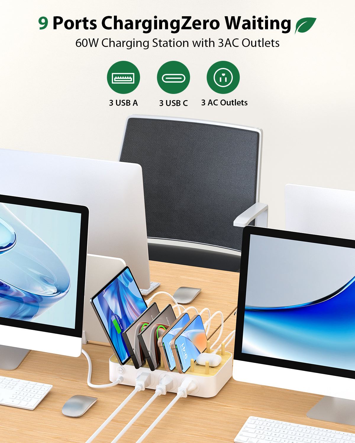 SooPii U3 charging station with 6 ports, 2 PD, 3 US AC outlets, and six mixed charging cables on a sleek black surface.