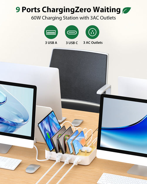 SooPii U3 charging station with 6 ports, 2 PD, 3 US AC outlets, and six mixed charging cables on a sleek black surface.