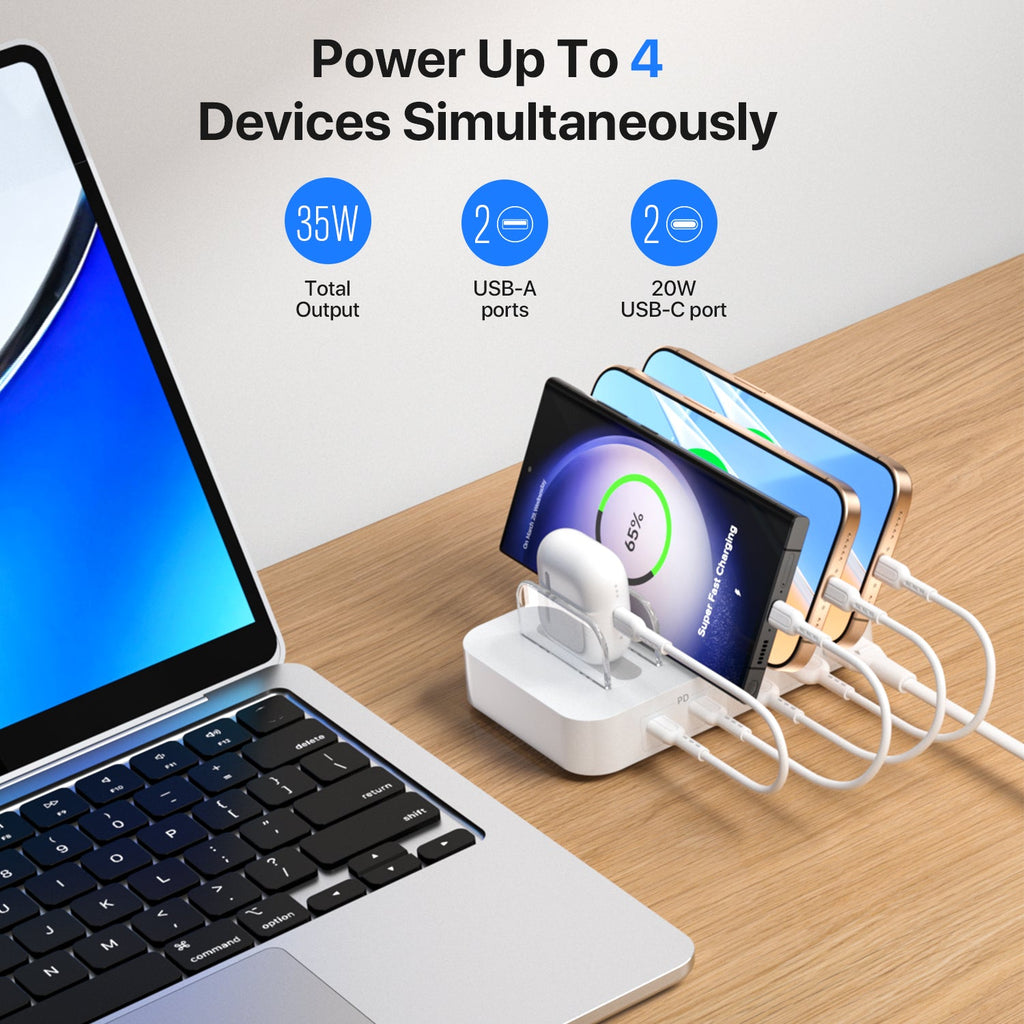 SooPii CS45 mini charging station with 4 ports and mixed cables, compact 35W power hub for multiple device charging.
