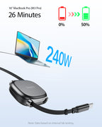 SooPii S86 USB-C to USB-C cable, 1 meter, retractable design, supports 240W fast charging, shown with cable extended and retracted