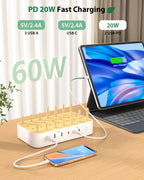SooPii U3 charging station with 60W, 6 ports, 2 PD, 3 US AC outlets, and six mixed cables connected on a desk.