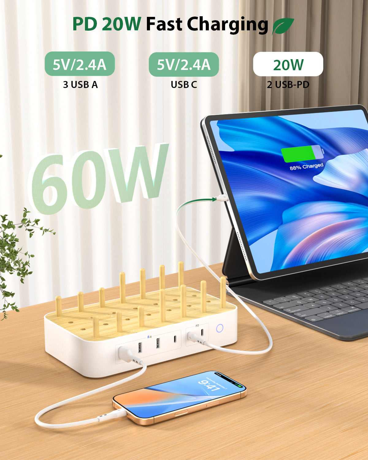 SooPii U3 charging station with 60W, 6 ports, 2 PD, 3 US AC outlets, and six mixed cables connected on a desk.