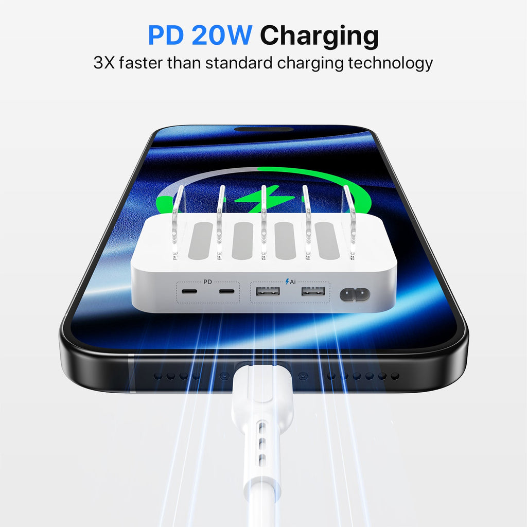 SooPii CS45 mini charging station with 4 ports and mixed cables, compact 35W power hub for multiple devices.