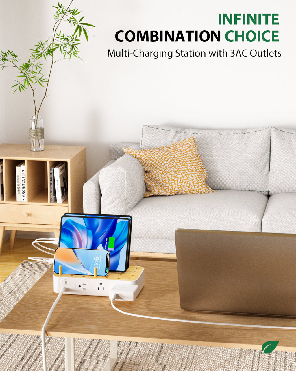 SooPii U3 Charging Station with 60W, 6 ports, 2 PD, 3 US AC outlets, and 6 mixed charging cables on a white surface.