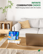 SooPii U3 Charging Station with 60W, 6 ports, 2 PD, 3 US AC outlets, and 6 mixed charging cables on a white surface.