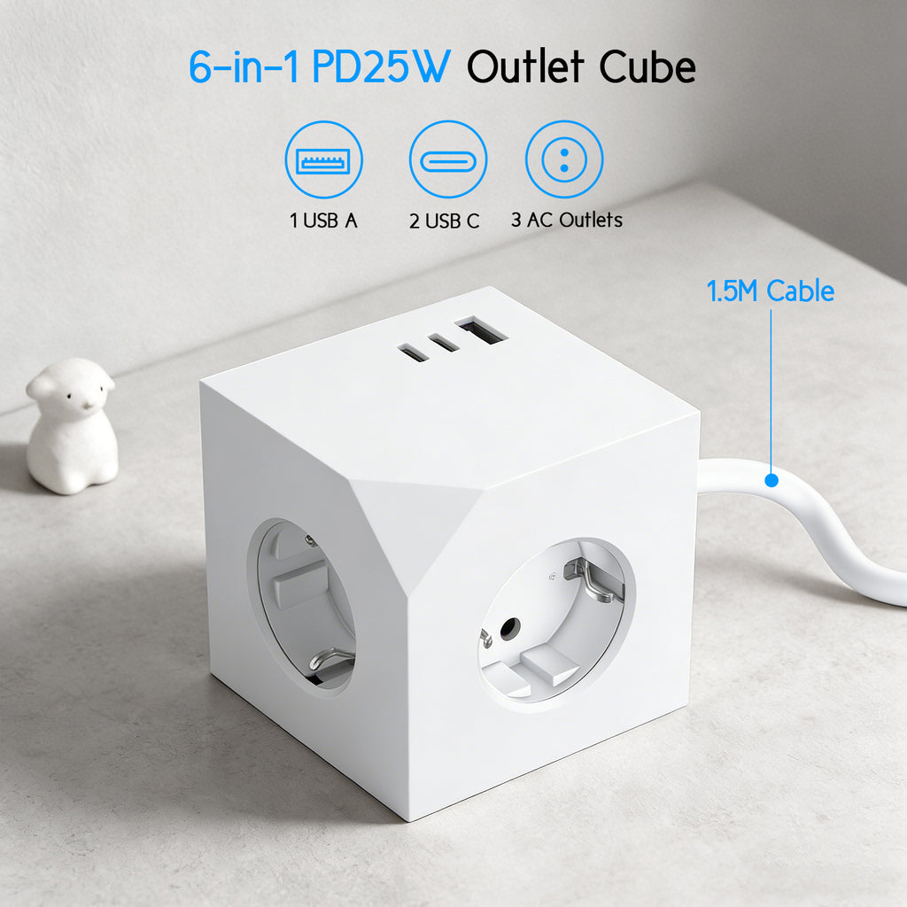 EU-E25 Cube Power Strip, 3 AC + 3 USB, Individual Switches, 3680W — Size and dimensions