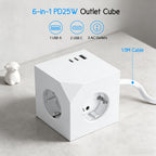 EU-E25 Cube Power Strip, 3 AC + 3 USB, Individual Switches, 3680W — Size and dimensions