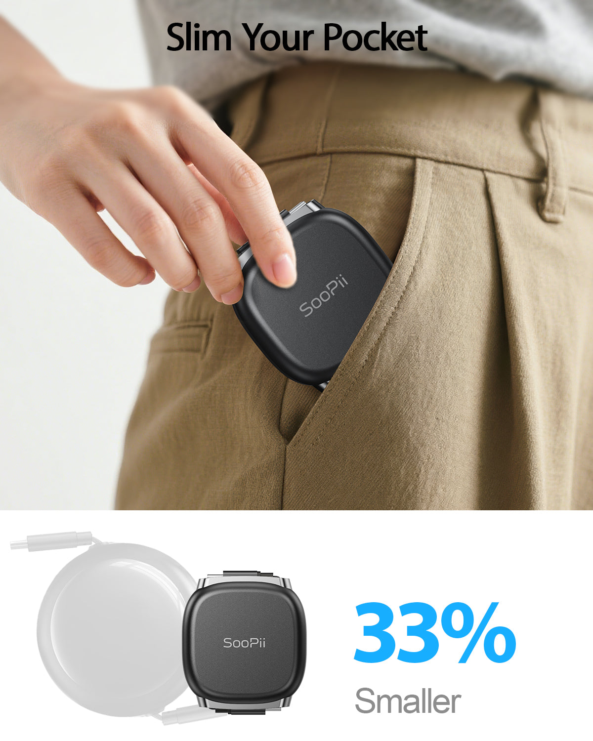 SooPii S86 USB-C to USB-C cable, 1m retractable design, supports 240W fast charging, black color, connected devices.