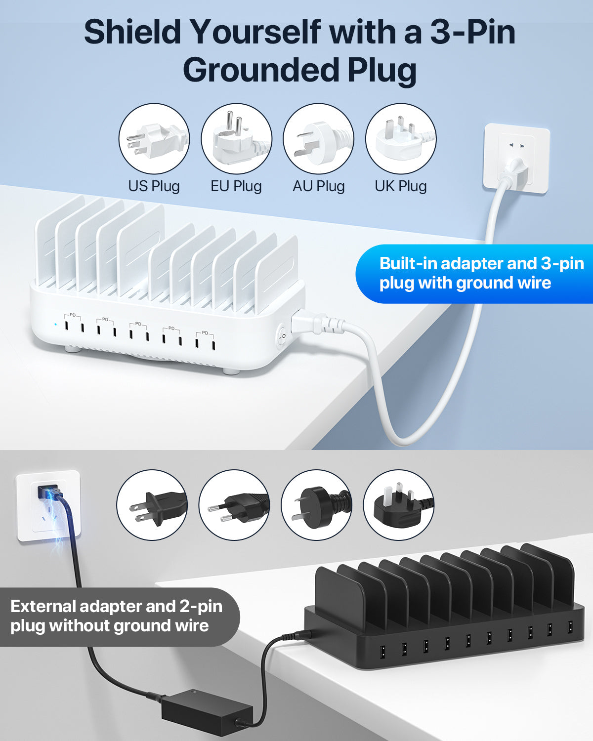 SooPii CS101 charging station with 10 ports, 100W power, 5 PD ports, and 10 mixed cables for multi-device charging.