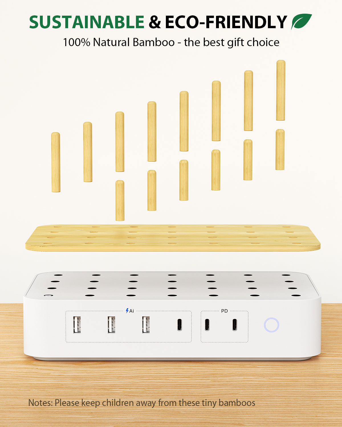 SooPii U3 charging station with 6 ports, 60W power, 2 PD ports, 3 US AC outlets, and 6 mixed cables for multiple devices