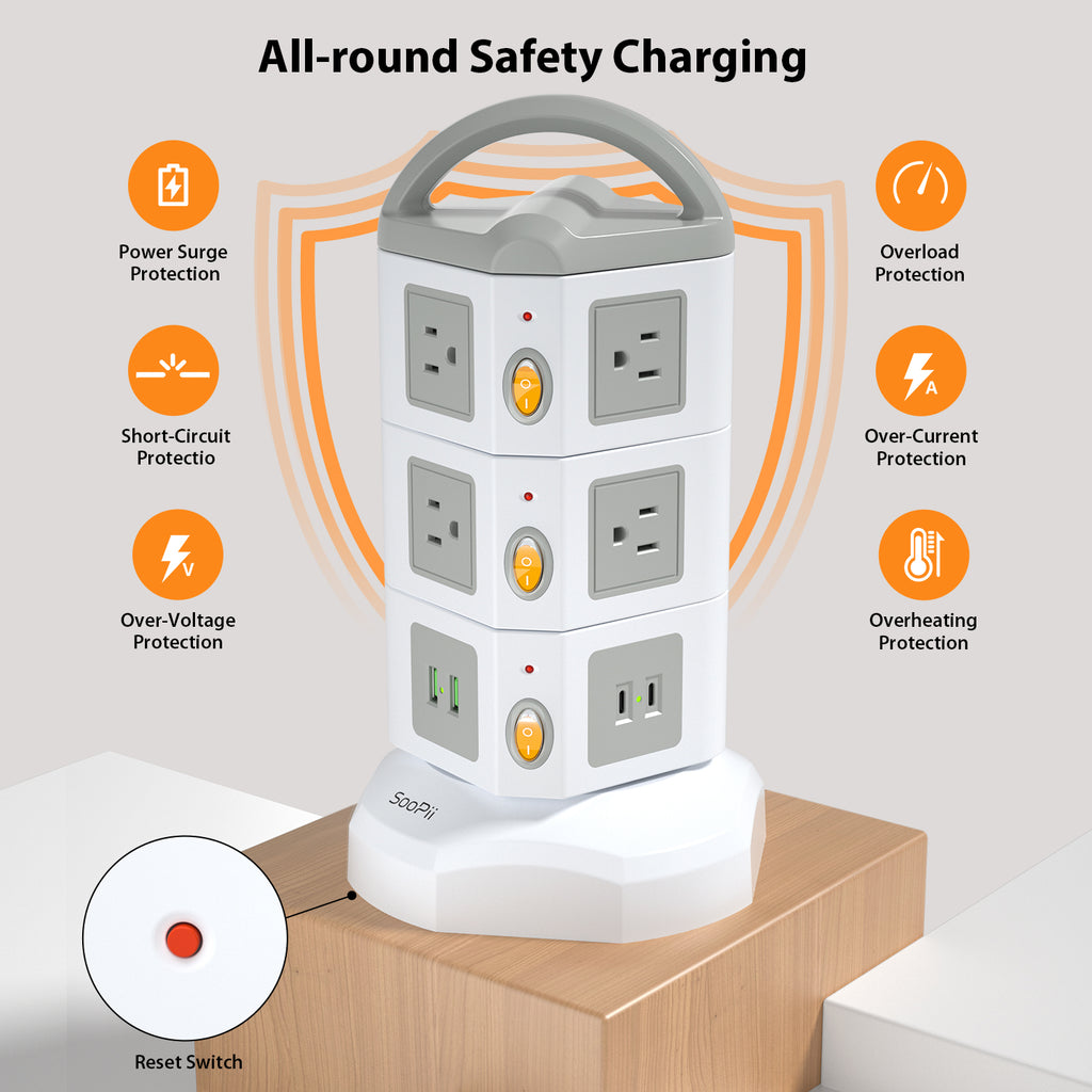 SooPii TPS10 Power Strip Tower with 10 AC Outlets and 4 USB Ports — Top view