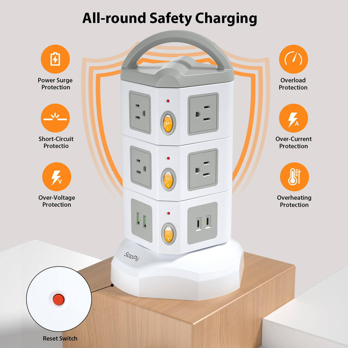 SooPii TPS10 Power Strip Tower with 10 AC Outlets and 4 USB Ports — Top view