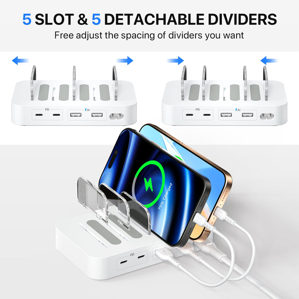 SooPii CS45 mini charging station with 4 ports and mixed cables, compact 35W charging dock for multiple devices.