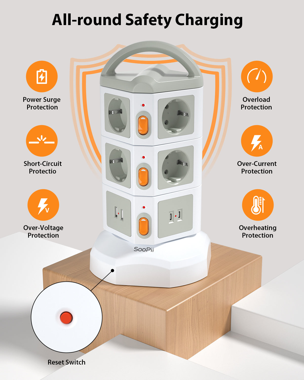 TPS10 Power Strip Tower, 10 Outlets, 4 USB, Surge Protection — Detail 9