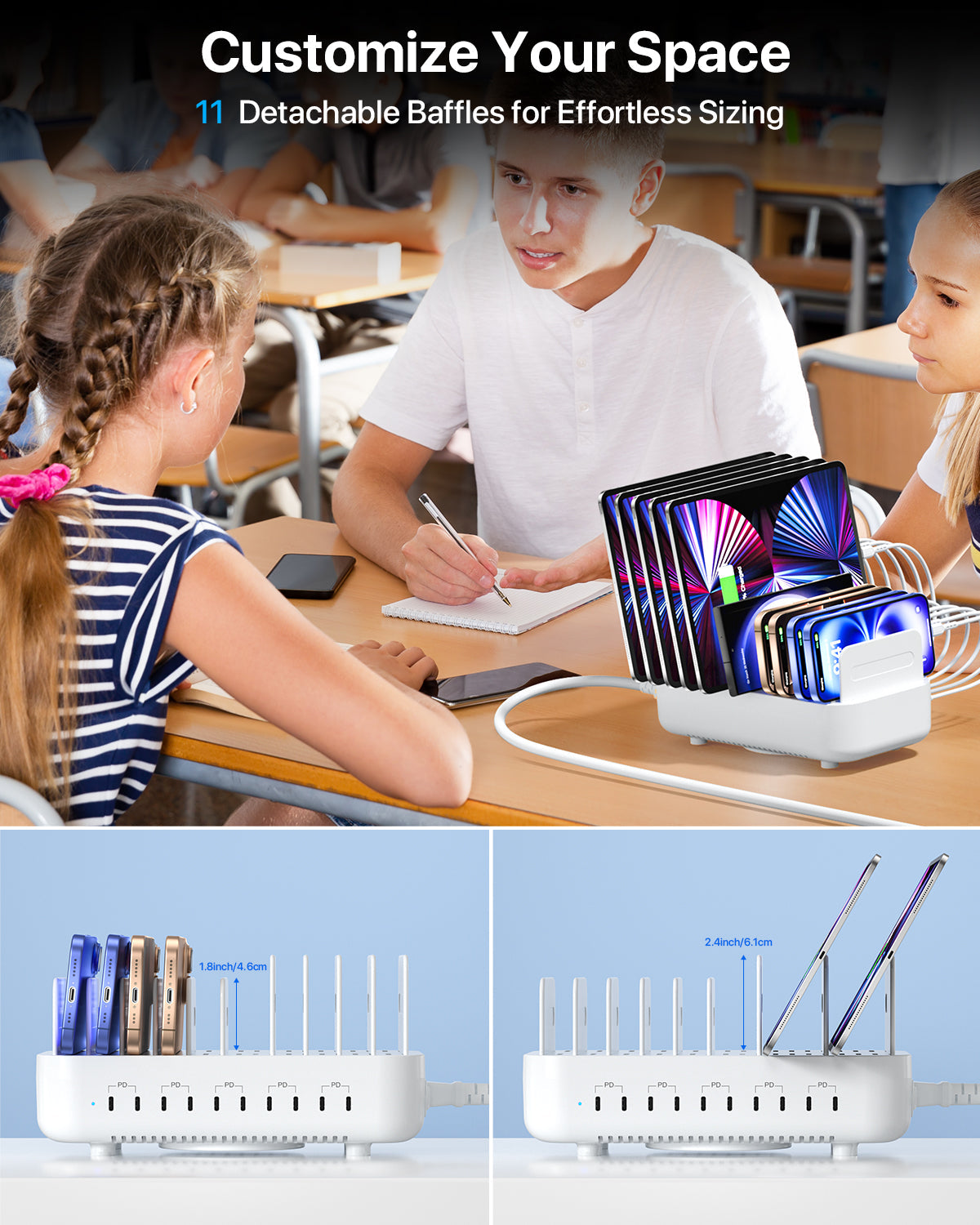 SooPii CS101 charging station with 10 ports and cables, 100W power, and 5 PD ports for versatile device charging.