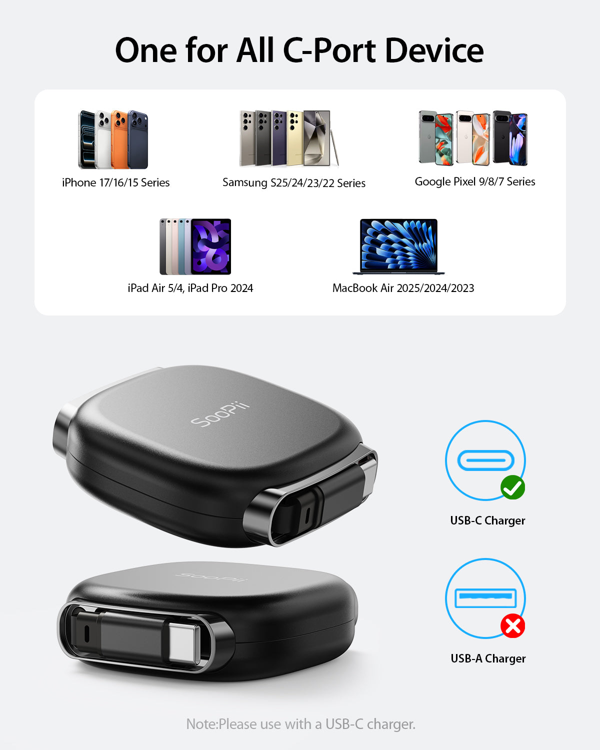 SooPii S86 USB-C to USB-C cable, 1m length, with retractable design and 240W power capacity, shown coiled and extended.