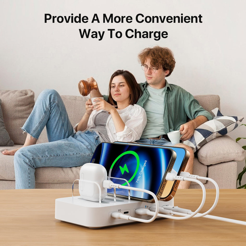 SooPii CS45 mini charging station with 4 ports and mixed cables, compact 35W power hub for multiple device charging.