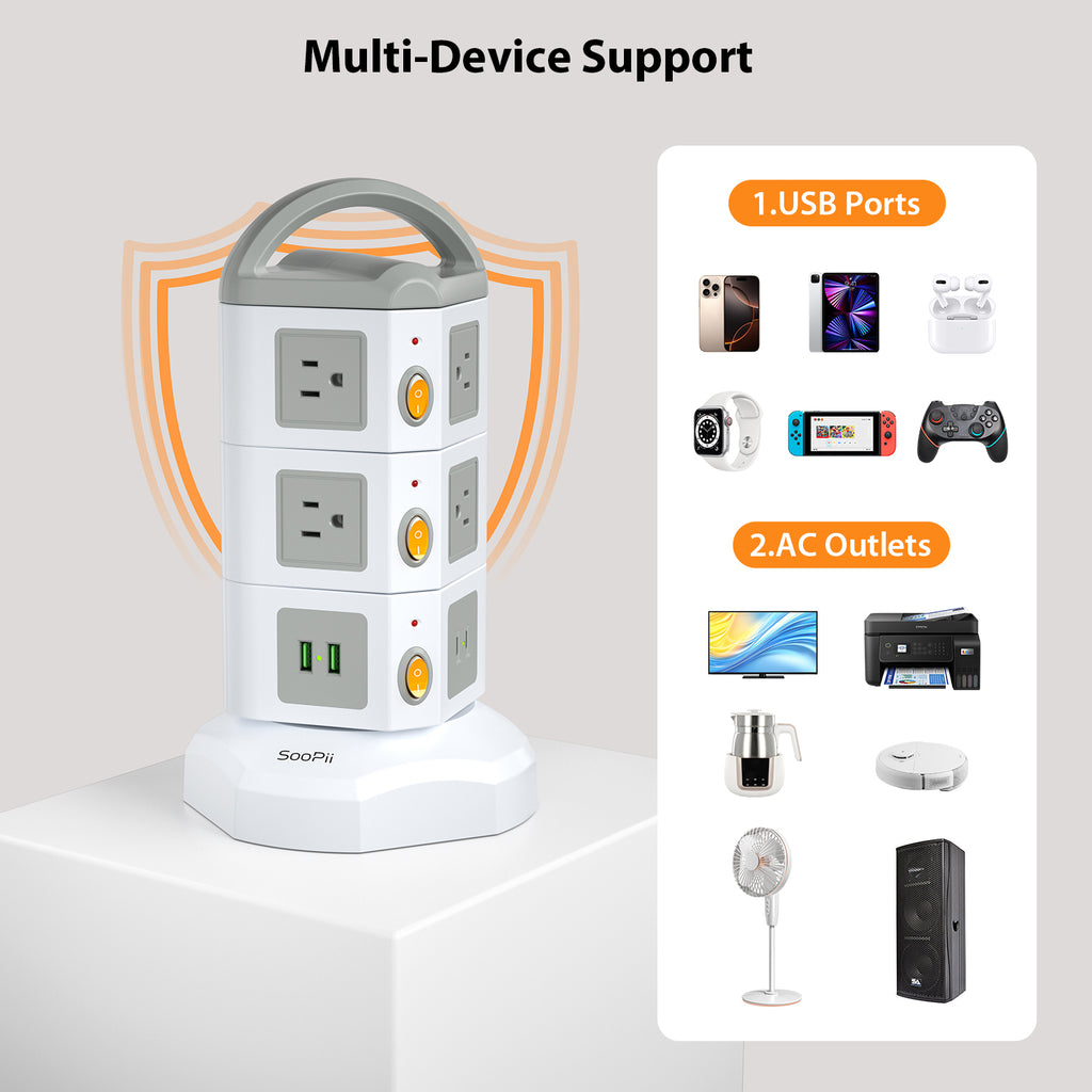 SooPii TPS10 Power Strip Tower with 10 AC Outlets and 4 USB Ports — Packaging