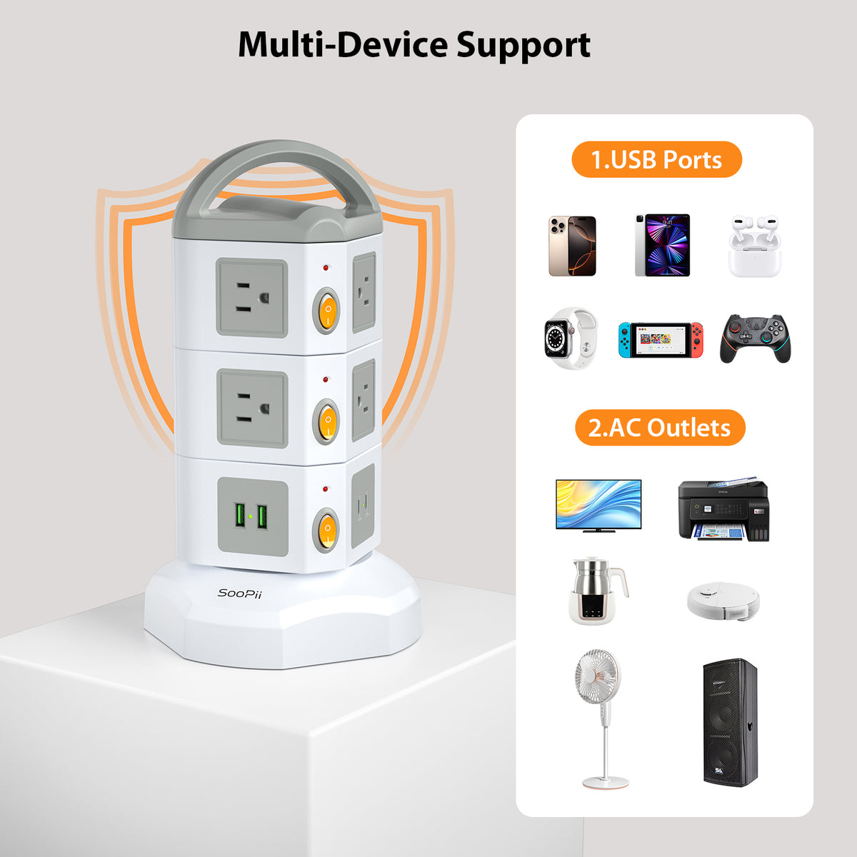 SooPii TPS10 Power Strip Tower with 10 AC Outlets and 4 USB Ports — Packaging