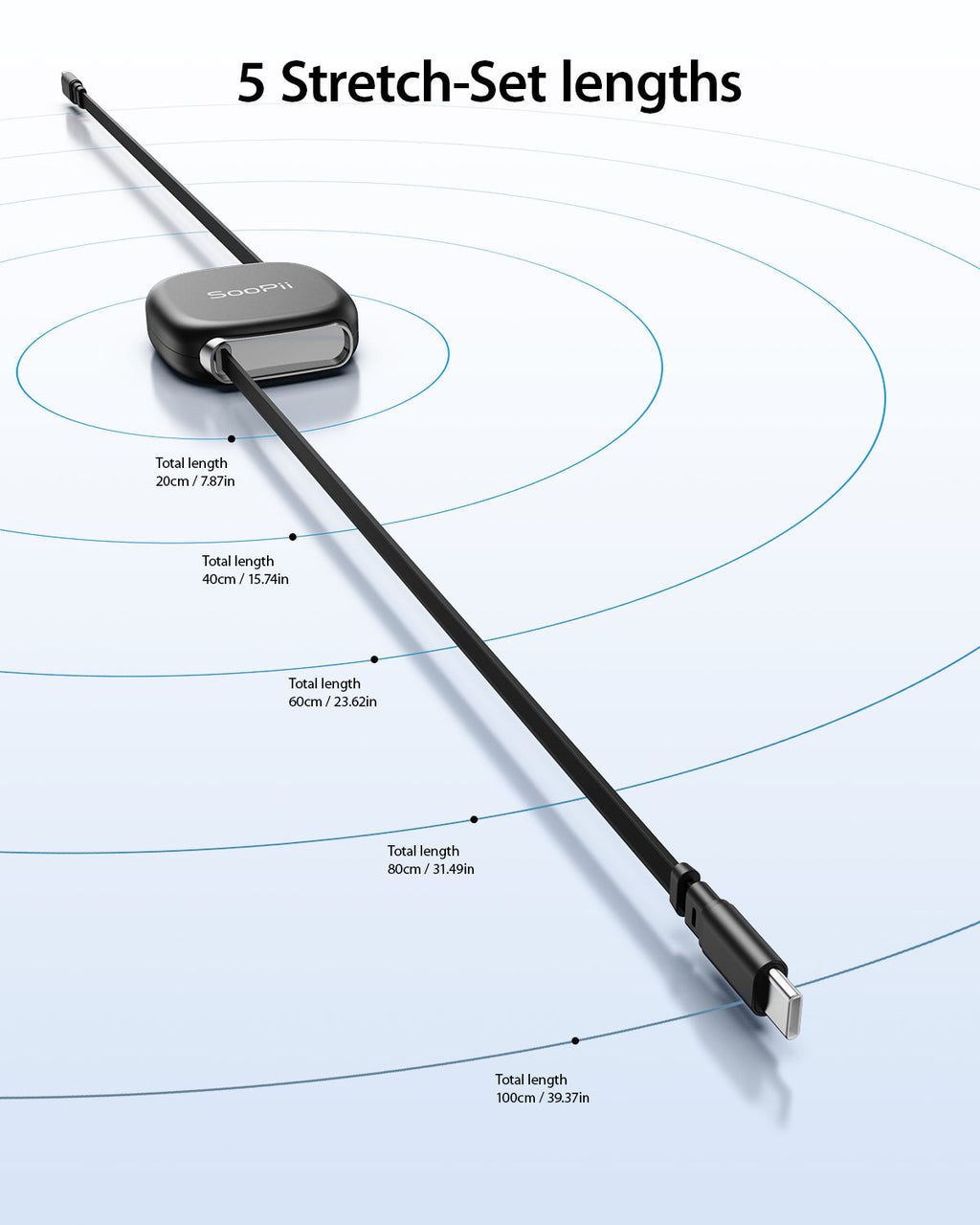 SooPii S86 USB-C to USB-C cable 1m retractable design, 240W fast charging and data transfer, black cable coiled neatly.