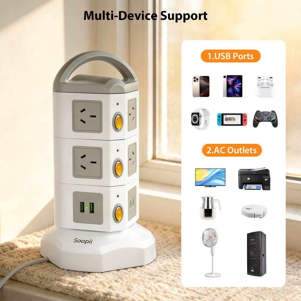 SooPii USB-C Power Strip Tower, 10 Outlets + 4 USB,TPS10