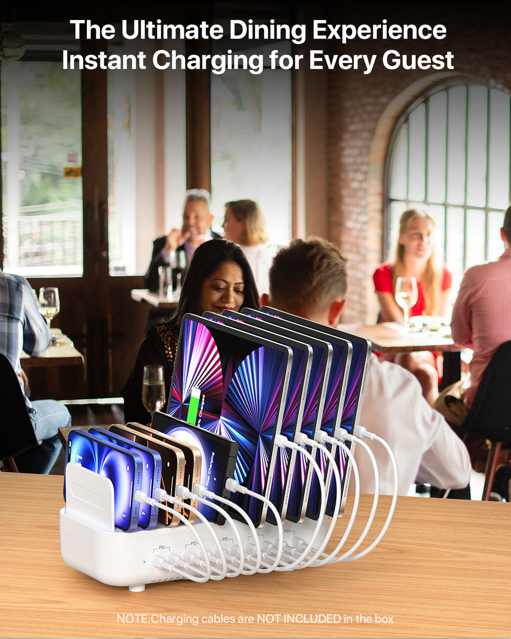 SooPii CS101 charging station with 10 ports, 100W power, 5 PD ports, and 10 mixed cables for versatile device charging.