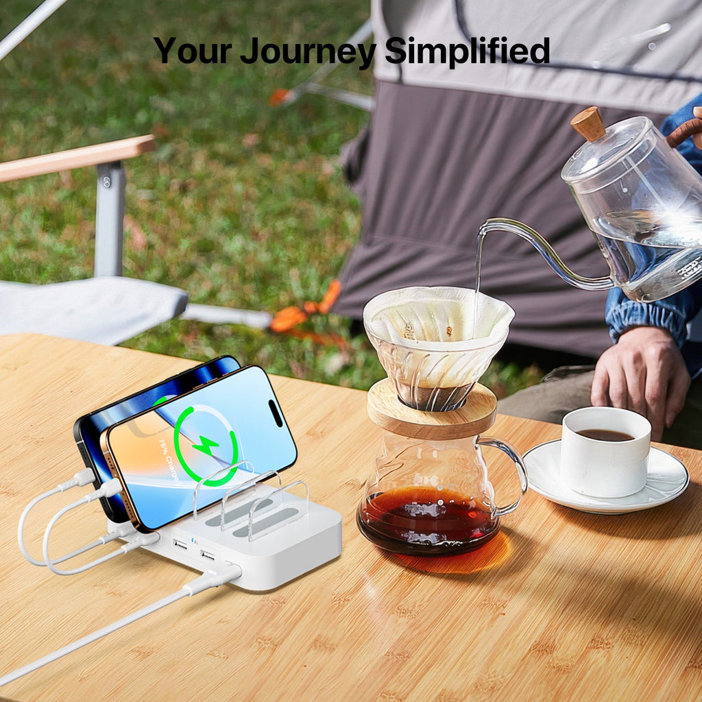 SooPii CS45 mini charging station with 4 ports and mixed cables for charging multiple devices simultaneously.