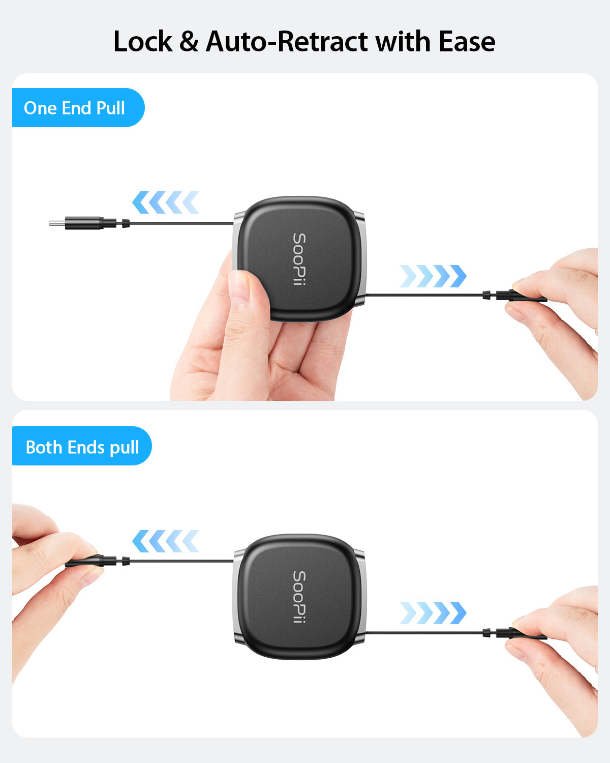 SooPii S86 USB-C to USB-C cable, 1 meter, 240W, retractable design, shown coiled with connectors visible
