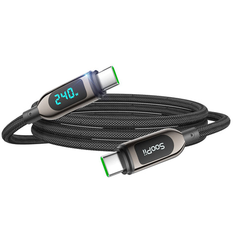 S70CC 240W USB-C Cable 4ft Nylon Braided with LED Wattage Display — Main product photo