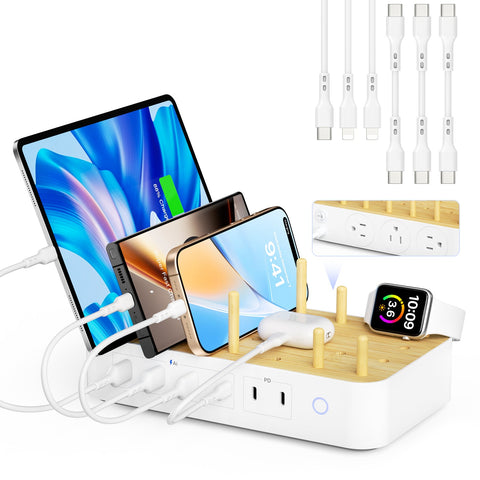 SooPii U3 charging station with 6 ports, 2 PD, 3 US outlets, and 6 mixed charging cables on a sleek surface.