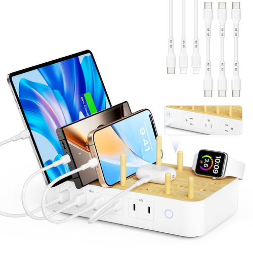 SooPii U3 charging station with 6 ports, 2 PD, 3 US outlets, and 6 mixed charging cables on a sleek surface.