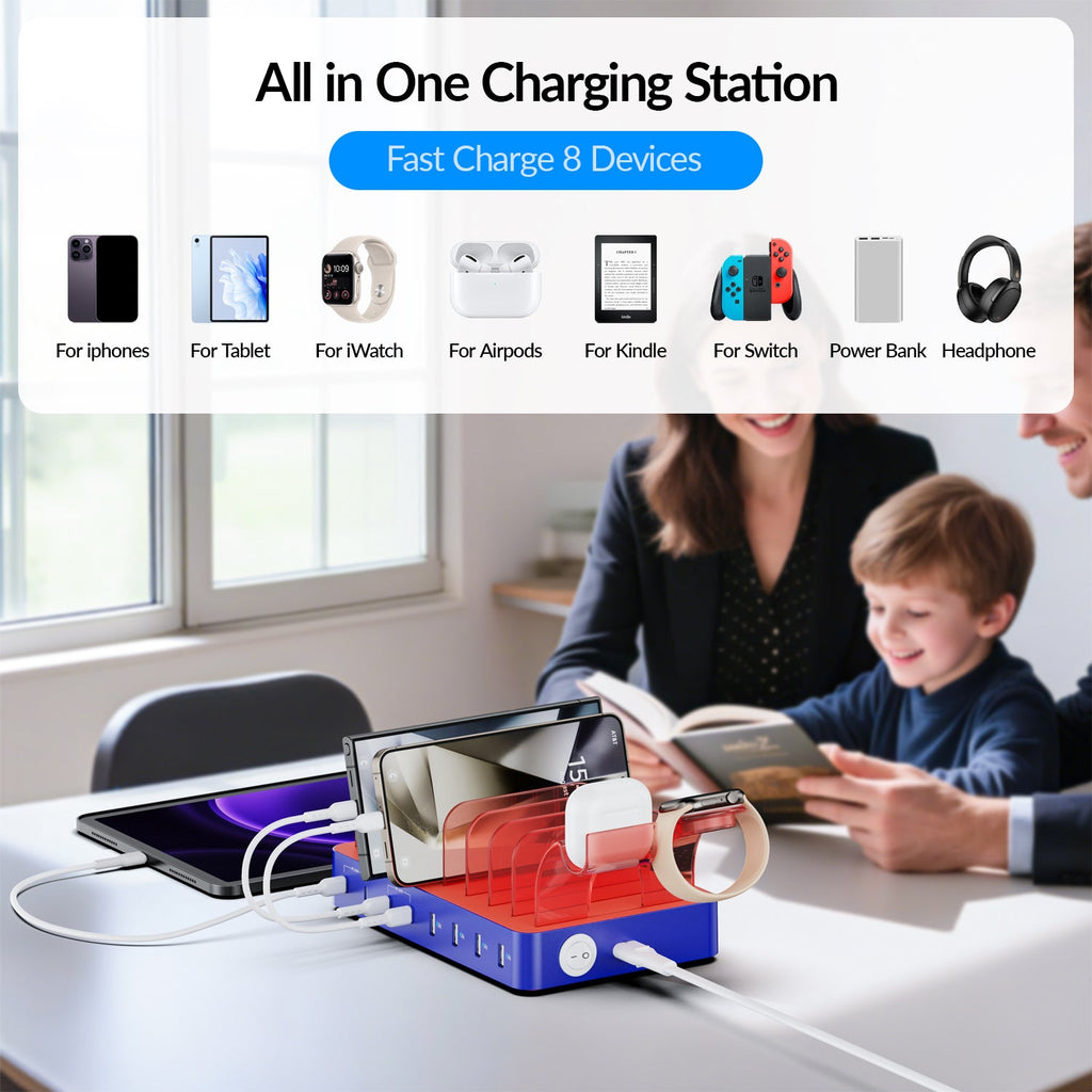 SooPii CS80A charging station with 70W power, 8 ports including 4 PD, and 8 mixed charging cables on a white surface.