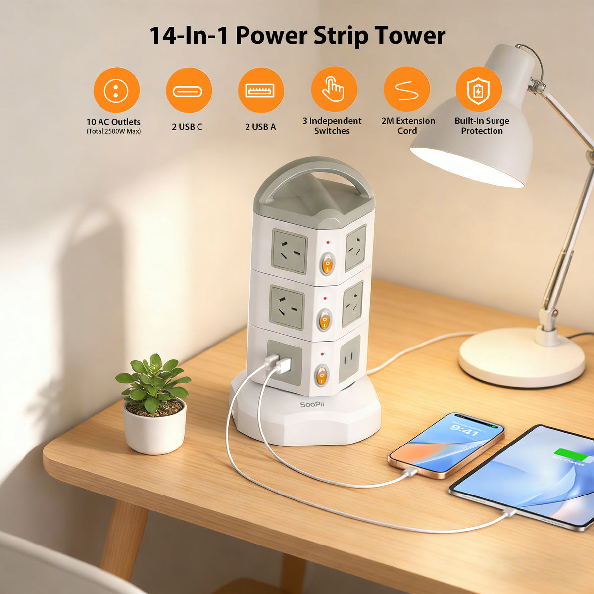 SooPii USB-C Power Strip Tower, 10 Outlets + 4 USB,TPS10