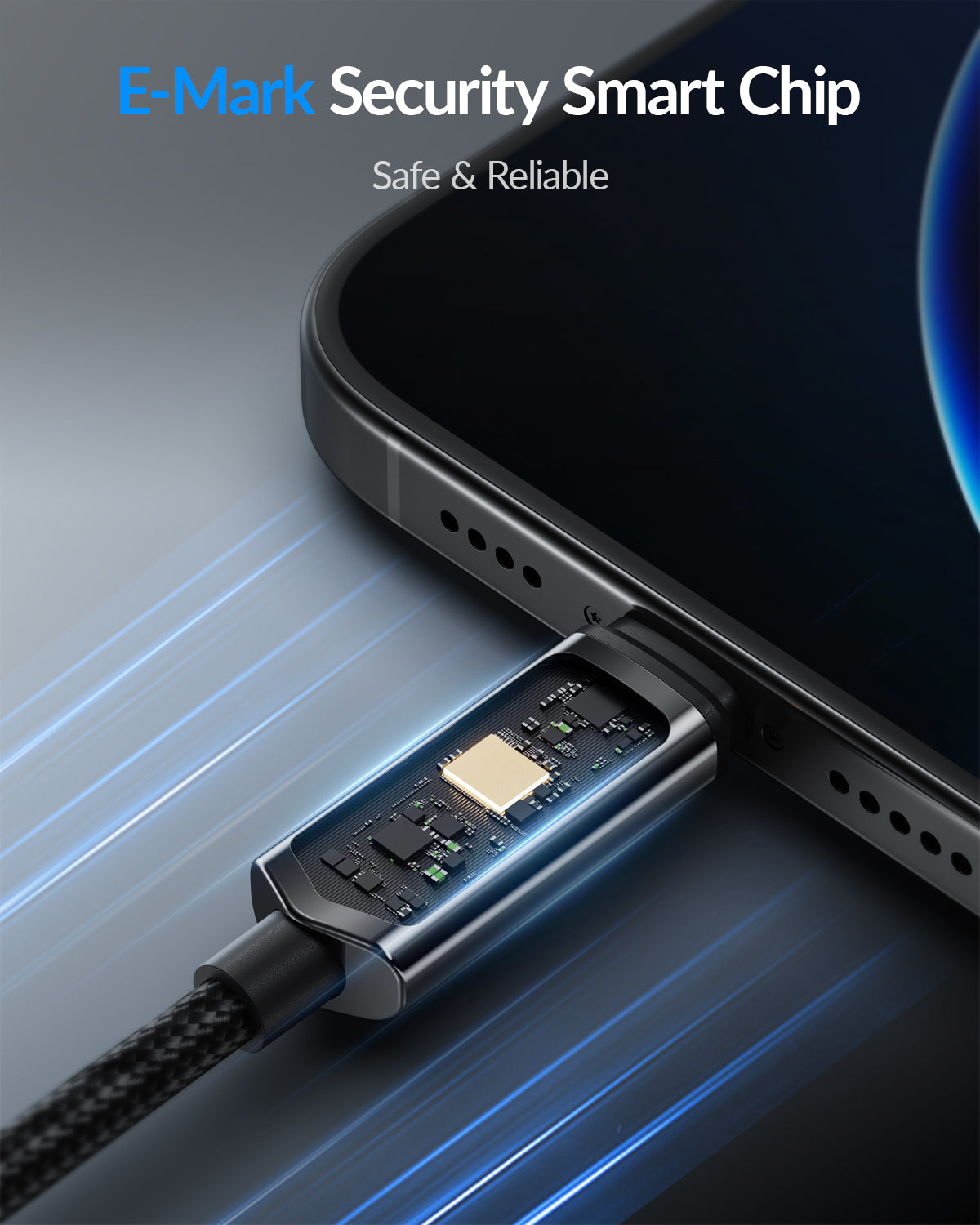 SooPii S69 USB-C to USB-C cable, 1.2m, nylon-braided with wattage display and 240W power capacity.