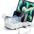 SooPii U2 Charging Station with 6 ports, 2 PD, 3 US outlets, and six mixed charging cables on a clean surface.