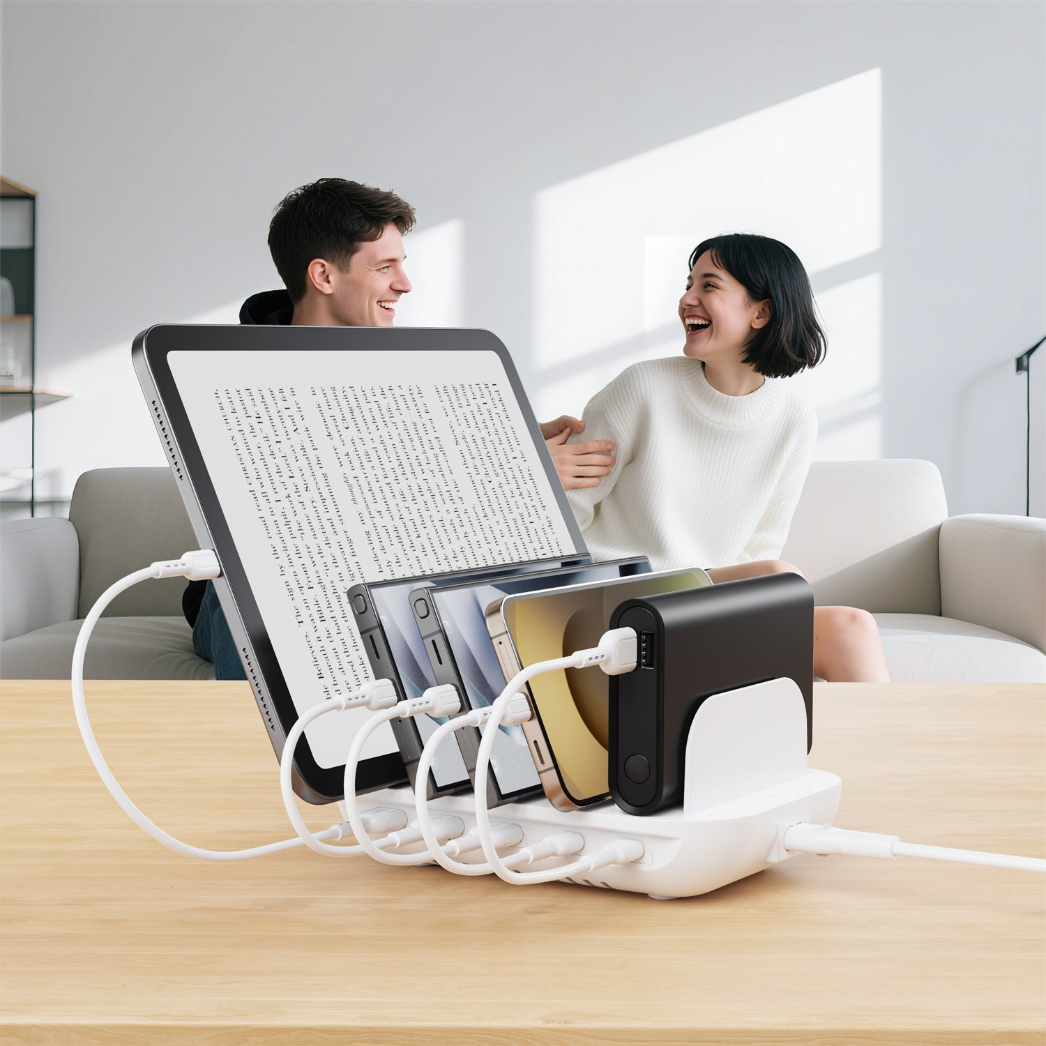 SooPii CS50 35W charging station with 5 ports and mixed cables, compact multi-device power charging dock.