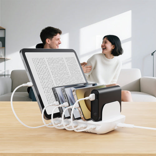 SooPii CS50 35W charging station with 5 ports and mixed cables, compact multi-device power charging dock.