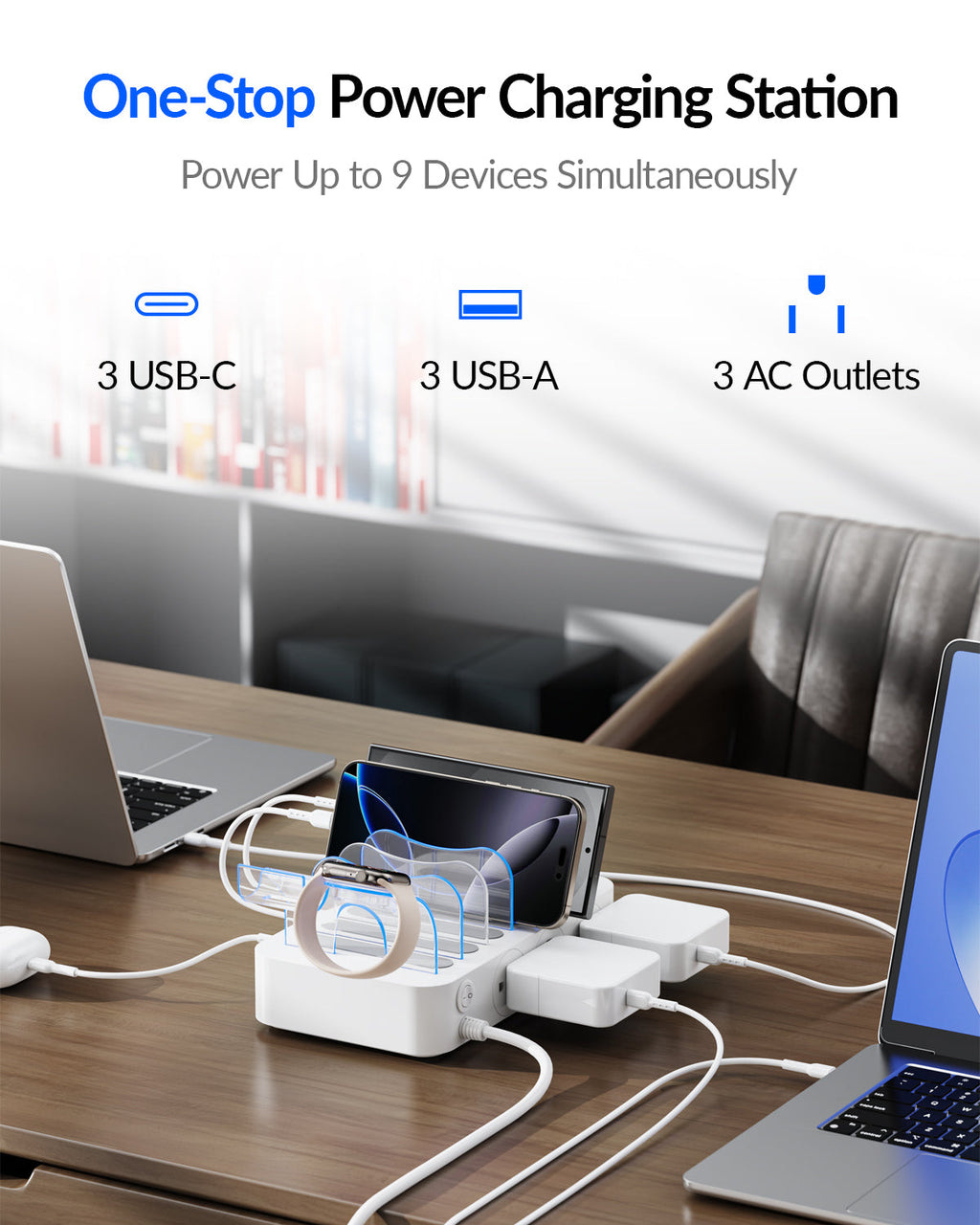 SooPii U2 Charging Station with 6 ports, 2 PD, 3 US outlets, and 6 cables, designed for multiple device charging.